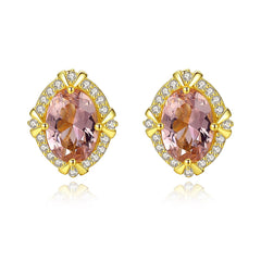 Aetolia 925 Sterling Silver 18K Gold Plated Oval Pink Gemstone Halo CZ Diamond Stud Earrings SE0141
