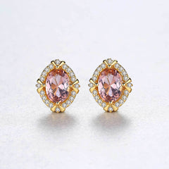 Aetolia 925 Sterling Silver 18K Gold Plated Oval Pink Gemstone Halo CZ Diamond Stud Earrings SE0141