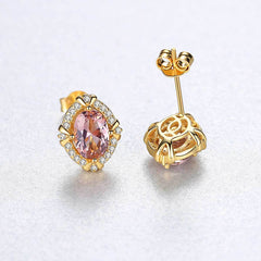 Aetolia 925 Sterling Silver 18K Gold Plated Oval Pink Gemstone Halo CZ Diamond Stud Earrings SE0141