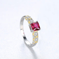 Aetolia 925 Sterling Silver 18K Gold Plated Ring Ruby Square Shaped Gemstone CZ Diamond Engagement Wedding Ring SR0161