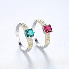 Aetolia 925 Sterling Silver 18K Gold Plated Ring Ruby Square Shaped Gemstone CZ Diamond Engagement Wedding Ring SR0161