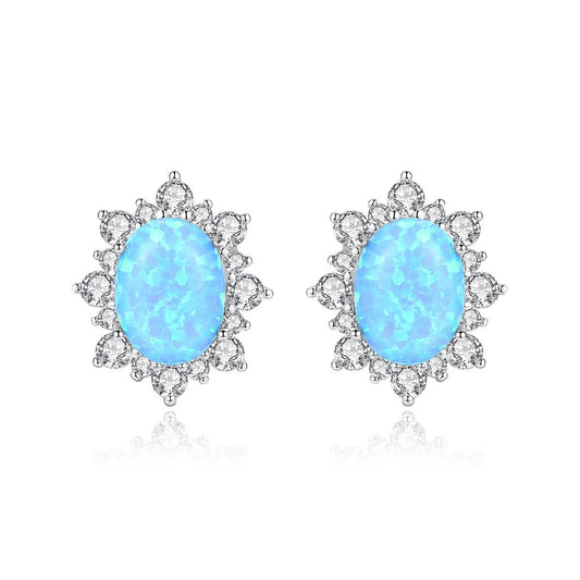 Aetolia 925 Sterling Silver Opal Earrings Vintage Flower CZ Diamond Oval Opal Stud Earrings SE0276