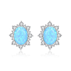 Aetolia 925 Sterling Silver Opal Earrings Vintage Flower CZ Diamond Oval Opal Stud Earrings SE0276
