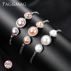 Aetolia 925 Sterling Silver Natural Freshwater Pearl Bracelet 3 Pearls Halo CZ Diamond Chain Bracelet FB0003