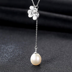 Aetolia 925 Sterling Silver Natural Freshwater Pearl Necklace Graceful Flower Dangle Pendant Necklace FN0246