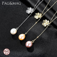 Aetolia 925 Sterling Silver Natural Freshwater Pearl Necklace Graceful Flower Dangle Pendant Necklace FN0246