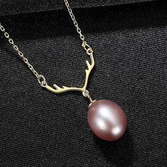 Aetolia 925 Sterling Silver Natural Freshwater Pearl Necklace Deer Antler Pendant Necklace FN0298