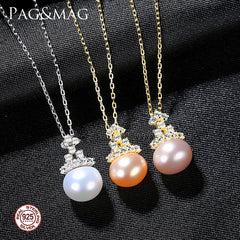 Aetolia 925 Sterling Silver Natural Freshwater Pearl Necklace Vintage Crown Oblateness Pearl Pendant Necklace FN0289