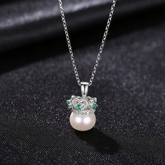 Aetolia 925 Sterling Silver Natural Freshwater Pearl Necklace Crown Green CZ Diamond Pendant Necklace FN-0217