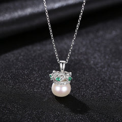 Aetolia 925 Sterling Silver Natural Freshwater Pearl Necklace Crown Green CZ Diamond Pendant Necklace FN-0217