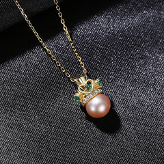 Aetolia 925 Sterling Silver Natural Freshwater Pearl Necklace Crown Green CZ Diamond Pendant Necklace FN-0217
