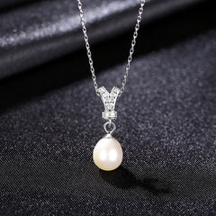 Aetolia 925 Sterling Silver Natural Freshwater Pearl Necklace Crown CZ Diamond Pendant Necklace FN-0213