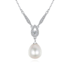 Aetolia 925 Sterling Silver Natural Freshwater Pearl Necklace Pear Shaped Solitaire CZ Diamond Pendant Necklace FN-0275