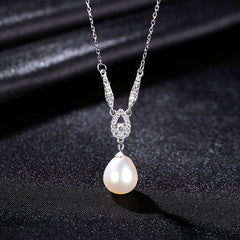 Aetolia 925 Sterling Silver Natural Freshwater Pearl Necklace Pear Shaped Solitaire CZ Diamond Pendant Necklace FN-0275