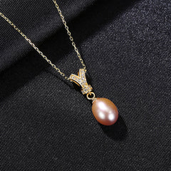 Aetolia 925 Sterling Silver Natural Freshwater Pearl Necklace Crown CZ Diamond Pendant Necklace FN-0213