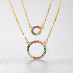 Aetolia 925 Sterling Silver 18K Gold Plated Double Layer Colorful Circle CZ Diamond Pendant Necklace SN549