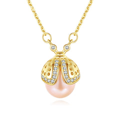 Aetolia 925 Sterling Silver Natural Freshwater Pearl Necklace Cute Coccinella Pendant Necklace FN-0290