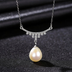 Aetolia 925 Sterling Silver Natural Freshwater Pearl Necklace Herringbone CZ Diamond Pendant Necklace FN-0205