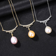 Aetolia 925 Sterling Silver Natural Freshwater Pearl Necklace Herringbone CZ Diamond Pendant Necklace FN-0205