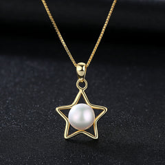 Aetolia 925 Sterling Silver Natural Freshwater Pearl Necklace Hollow Pentagram Pendant Necklace FN0015