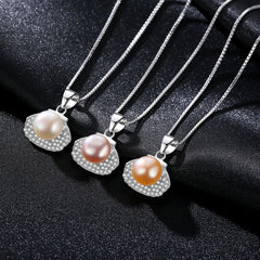 Aetolia 925 Sterling Silver Natural Freshwater Pearl Necklace Halo Shell Shaped Pendant Necklace FN0014