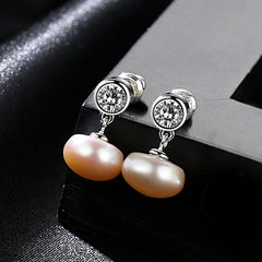 Aetolia 925 Sterling Silver Natural Freshwater Pearl Earrings Bezel Set Solitaire Drop Stud Earrings FE0008