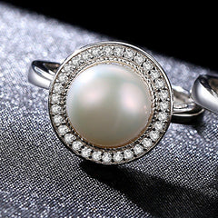 Aetolia 925 Sterling Silver Natural Freshwater Pearl Rings Circular Disc Halo CZ Diamond Adjustable Open Ring FR0002