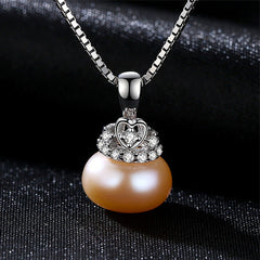 Aetolia 925 Sterling Silver Natural Freshwater Pearl Necklace Crown CZ Diamond Pendant Necklace FN0004