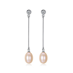 Aetolia 925 Sterling Silver Natural Freshwater Pearl Earrings Bezel Set Round CZ Diamond Long Dangle Stud Earrings FE0009