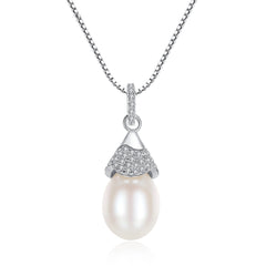 Aetolia 925 Sterling Silver Natural Freshwater Pearl Necklace Small Birthday Hat Halo CZ Diamond Pendant Necklace FN0029