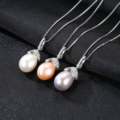 Aetolia 925 Sterling Silver Natural Freshwater Pearl Necklace Small Birthday Hat Halo CZ Diamond Pendant Necklace FN0029