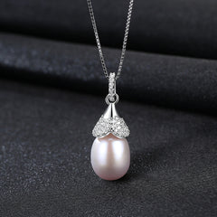 Aetolia 925 Sterling Silver Natural Freshwater Pearl Necklace Small Birthday Hat Halo CZ Diamond Pendant Necklace FN0029