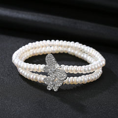 Aetolia 925 Sterling Silver Natural Freshwater Pearl Bracelet Butterfly Double Layer Pearl Bracelet FB0006