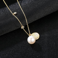 Aetolia 925 Sterling Silver Natural Freshwater Pearl Necklace Circle Halo CZ Diamond Pendant Necklace FN0068