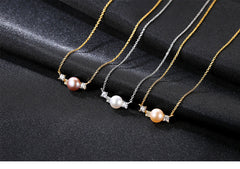 Aetolia 925 Sterling Silver Natural Freshwater Pearl Necklace 2 Square Solitaire CZ Diamond Pendant Necklace FN0089