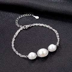 Aetolia 925 Sterling Silver Natural Freshwater Pearl Bracelet 3 Pearls Halo CZ Diamond Chain Bracelet FB0003