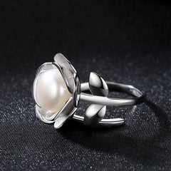 Aetolia 925 Sterling Silver Natural Freshwater Pearl Rings Flower Petals Adjustable Open Ring FR0014