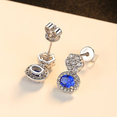 Aetolia 925 Sterling Silver 18K Gold Plated Round Sapphire Gemstone Halo CZ Diamond Dangle Stud Earrings SE0115