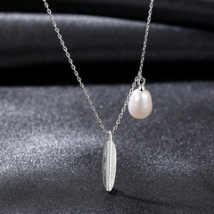 Aetolia 925 Sterling Silver Natural Freshwater Pearl Necklace Elegant Feather Pendant Necklace FN0143