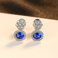 Aetolia 925 Sterling Silver 18K Gold Plated Round Sapphire Gemstone Halo CZ Diamond Dangle Stud Earrings SE0115