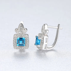 Aetolia 925 Sterling Silver 18K Gold Plated Square Sky Blue Gemstone Halo CZ Diamond Hoop Earrings SE0105