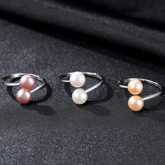 Aetolia 925 Sterling Silver Natural Freshwater Pearl Rings Simple Double Pearls Adjustable Open Ring FR0064