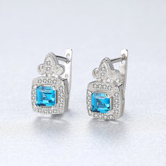 Aetolia 925 Sterling Silver 18K Gold Plated Square Sky Blue Gemstone Halo CZ Diamond Hoop Earrings SE0105