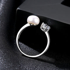 Aetolia 925 Sterling Silver Natural Freshwater Pearl Rings Round CZ Diamond Solitaire Adjustable Open Ring FR0065