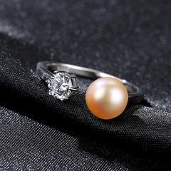 Aetolia 925 Sterling Silver Natural Freshwater Pearl Rings Round CZ Diamond Solitaire Adjustable Open Ring FR0065