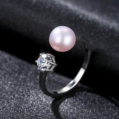 Aetolia 925 Sterling Silver Natural Freshwater Pearl Rings Round CZ Diamond Solitaire Adjustable Open Ring FR0065