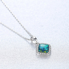 Aetolia 925 Sterling Silver Opal Necklace Square Halo CZ Diamond Opal Pendant Necklace SN0276