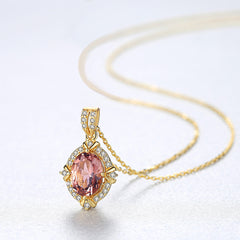 Aetolia 925 Sterling Silver 18K Gold Plated Oval Pink Gemstone Halo CZ Diamond Pendant Necklace SN0130