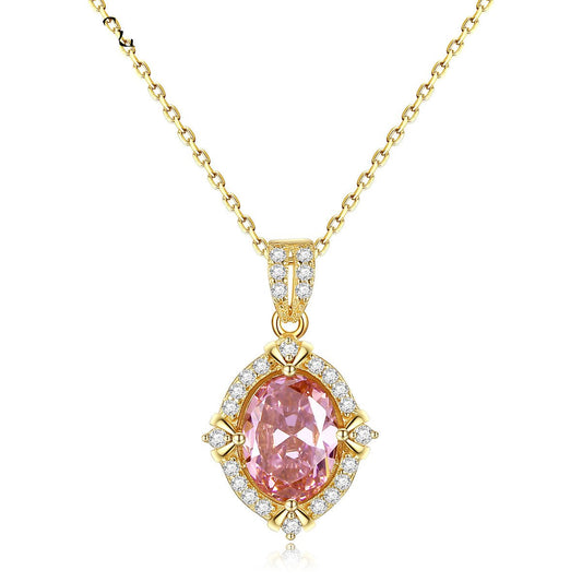 Aetolia 925 Sterling Silver 18K Gold Plated Oval Pink Gemstone Halo CZ Diamond Pendant Necklace SN0130