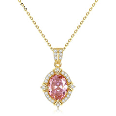 Aetolia 925 Sterling Silver 18K Gold Plated Oval Pink Gemstone Halo CZ Diamond Pendant Necklace SN0130